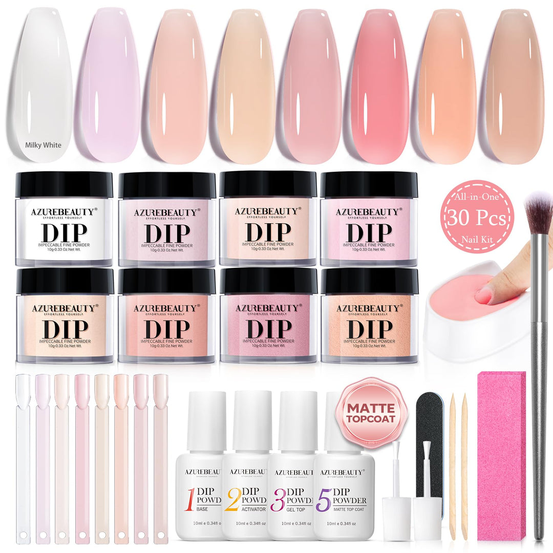 AZUREBEAUTY Dip Powder Nail Kit, Jelly Translucent Milky White Sheer Pink Nude Neutral Clear 8 Colors, Dipping Powder Liquid Set Added Matte Top Coat with Nail Sticks French Nail Art Manicure Salon