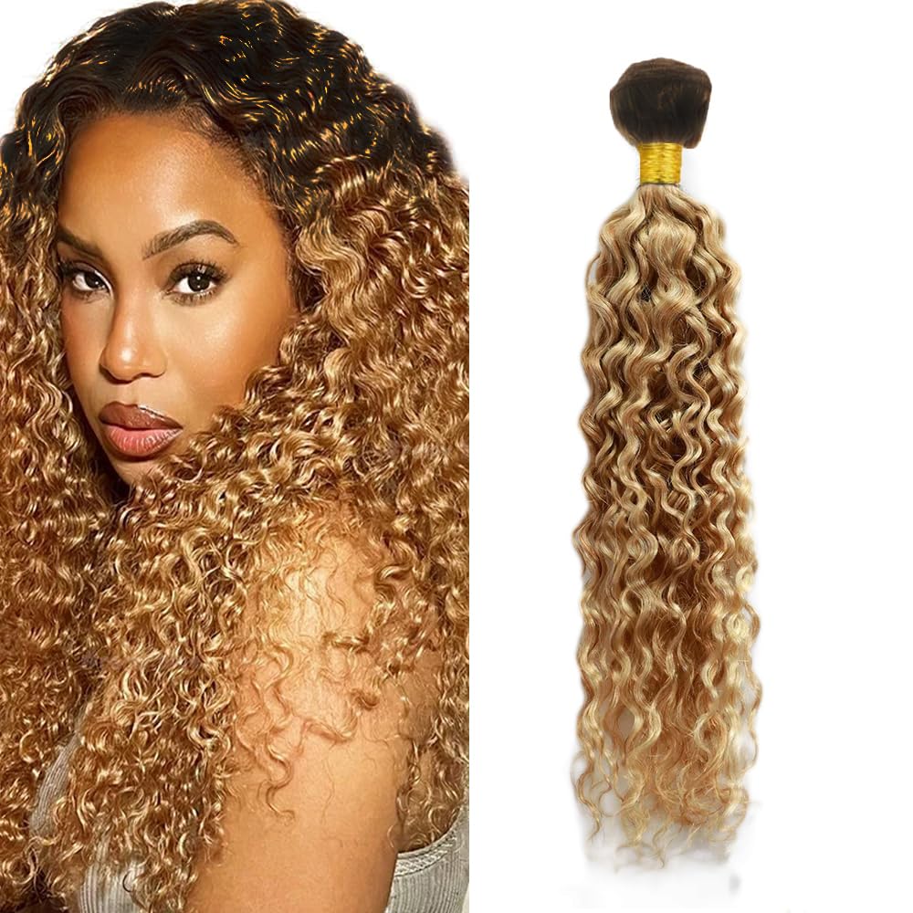 Honey Blonde Bundles Human Hair 1b27 Water Wave Bundles Peruvian Ombre Bundles Virgin Remy Hair 1 Bundle 24 Inch Two Tone Black and Blonde Bundles Soft and Shiny Hair Weave