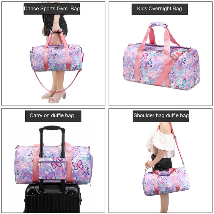 Dance Bag Girls Gymnastics Bag Kids Overnight Duffle Bag with Shoe Compartment, Kids Travel Weekender Sleepover Carry On Bag (Butterfly Purple)