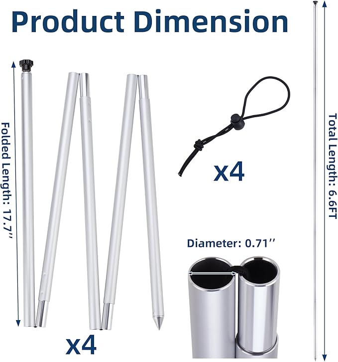 4 Pack Tent Poles 6.6 Feet, Beach Tent Sun shelter Replacement, Tarp Canopy Accessories for Camping, Fishing and Party