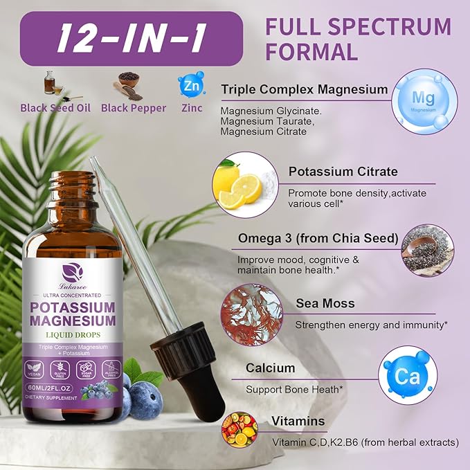 Potassium Magnesium Supplement Liquid w/Triple Complex Magnesium Glycinate & Potassium Plus Omega 3, Sea Moss, Black Seed, D3K2 & Calcium for Zzz, Leg Cramps & Muscle-2 FL OZ Drop