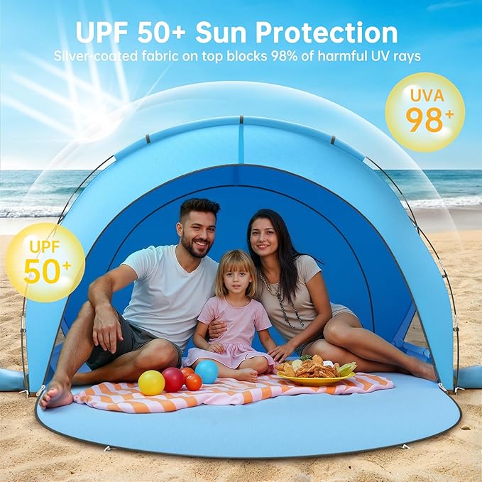 Beach Tent Sun Shelter, Beach Shade Tent with UPF50+ UV Protection, Beach Sun Shelter, Beach Shade with 2 Zippered Doors, Portable Beach Tent for Beach Camping Fishing
