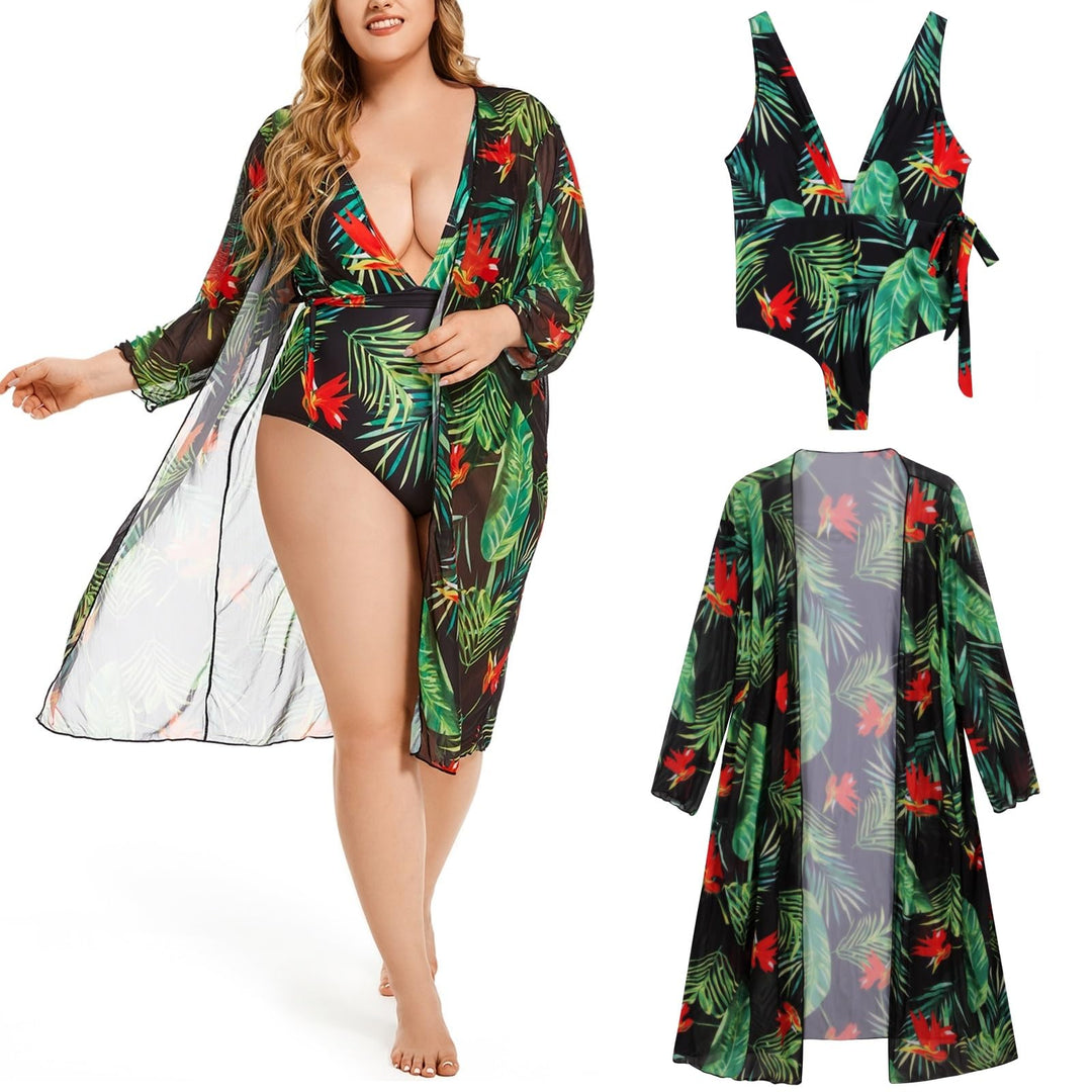 Women’s Plus Size One-Piece Swimwear With Chiffon Cover Up Print Bikini Swimsuit (XL)