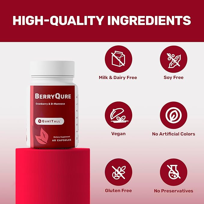 BerryQure Cranberry & D-Mannose Supplements for Women - D-Mannose Pills with Cranberry Juice Powder, Hibiscus Flower & Dandelion Herb Supports Urinary Tract Health - 60 Capsules