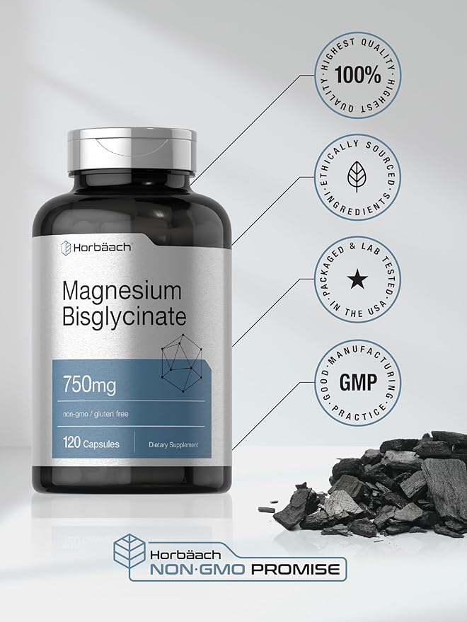 Horbäach Magnesium Bisglycinate | 120 Capsules | 750mg | Non-GMO and Gluten Free Supplement