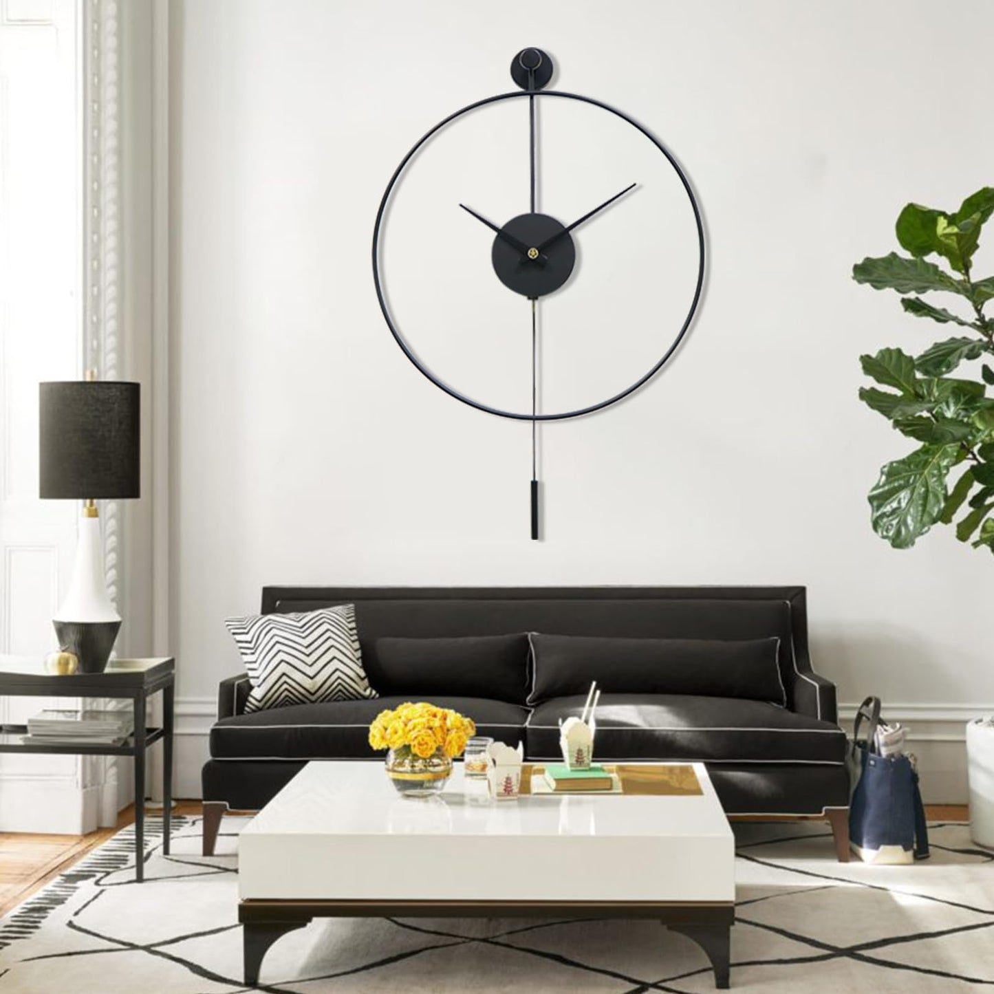 Classical Large Decorative Wall Clock with Pendulum, Modern Non-Ticking Silent Metal Wall Clocks for Living Room, Bedroom, Study, Office,20‘’