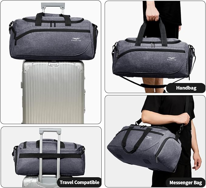 FIORETTO 35L Mens Sports Gym Duffle Bag with Wet Pocket & Shoe Compartment, Overnight Weekender Bag with Padded Shoulder Strap, Ideal for Travel, Gym, Sports, Swimming, Grey