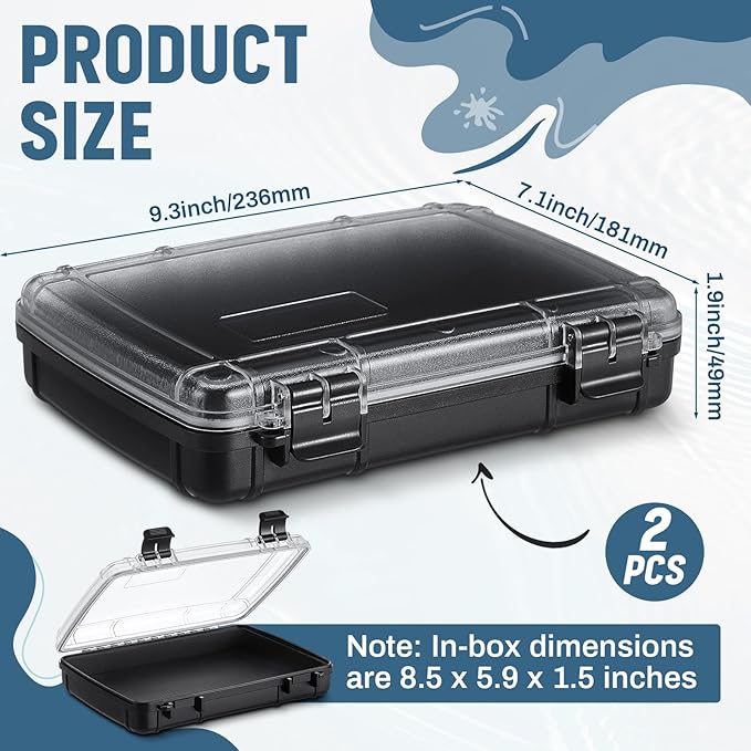 2 Pcs Waterproof Dry Box for Boat Junction Box 9.3 x 7.1 x 1.9 Inches,large,watertight Storage Protective Case for Mobile Phones Wallets Camping Hiking Boating, Black