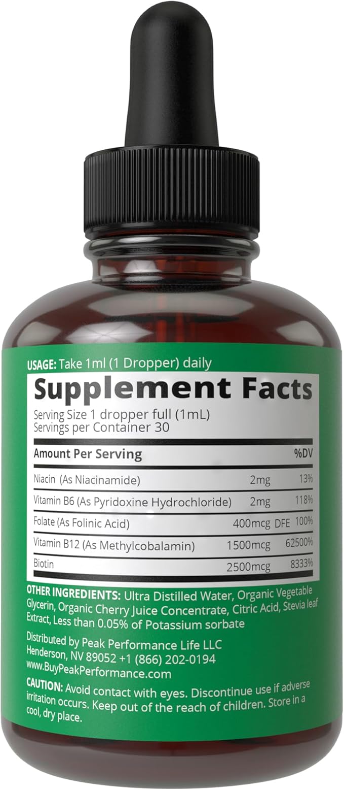 B Complex Liquid Drops Vegan Supplement. Best 5 B Vitamins with B3 Niacin, B6, B7 Biotin, B9 Folate, Methylcobalamin B12. B-Complex For Hair, Skin Nails, Energy. For Adults, Men, Women