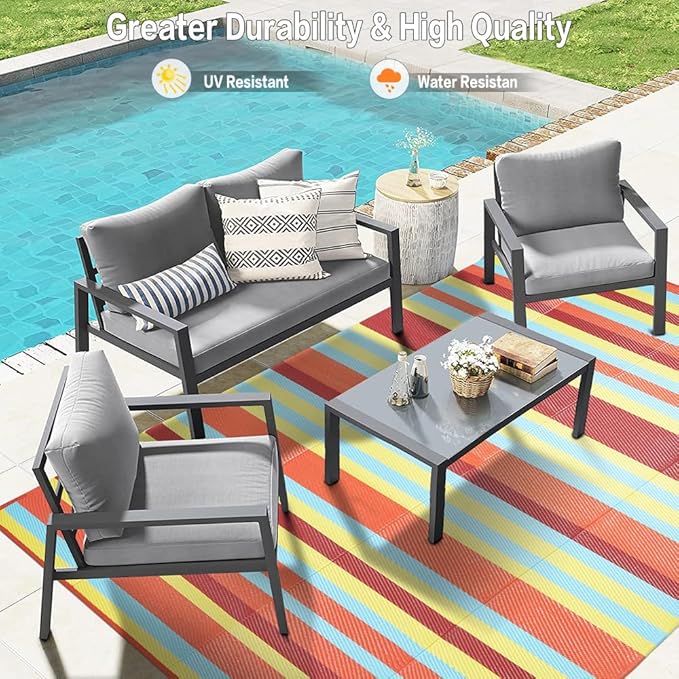 Outdoor Waterproof Rug 5'x8' Plastic Straw Rugs Washable Reversible Floor Mat Rainbow Stripe Carpet for Camping RV Deck Entryance Porch Picnic Balcony Beach Backyard