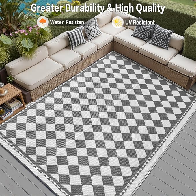 Outdoor Waterproof Rug 6'x9' Plastic Straw Rugs Washable Reversible Floor Mat Grey Plaid Carpet for Camping RV Deck Entryance Porch Picnic Balcony Beach Backyard