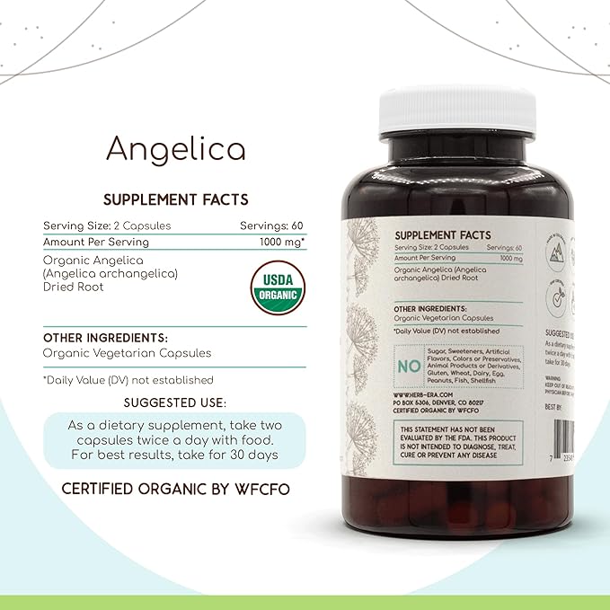 Angelica USDA Organic 120 Capsules | Natural Herbal Supplement | Certified Organic Vegetarian Capsules and Organic Angelica (Angelica archangelica) Dried Root (120 Capsules)