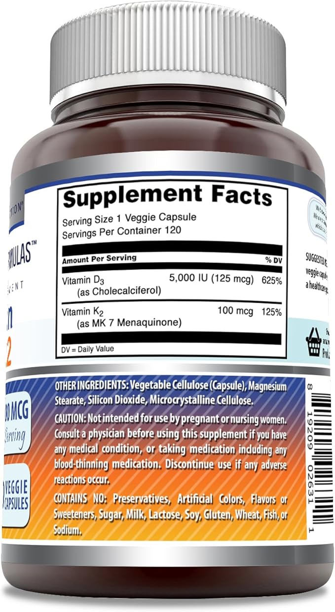 Amazing Formulas Vitamin D3 5000 IU with Vitamin K2 100 Mcg | 120 Veggie Capsules Supplement | Non-GMO | Gluten Free | Made in USA