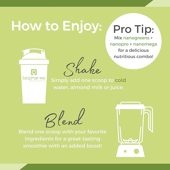 Biopharma Scientific Nanogreens+Probiotic: Greens Superfood Fruit & Vegetable Powder Smoothie Mix & 5 Billion Probiotics for Digestive Health with Spirulina, Chlorella, Strawberry Flavor, 30 Servings