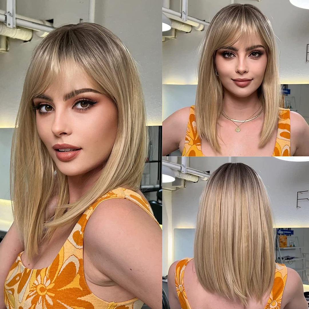 Haircube Long Blonde Wig With Bangs,Medium Length Ombre Blonde Wigs For Women Human Hair Blend Healthy Synthetic 16 Inch Wigs