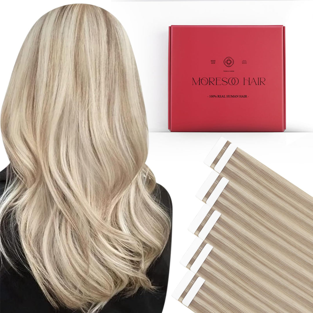 Moresoo Tape in Hair Extensions Human Hair,14 Inch 10 Pcs 20 Gram,#18/613 Ash Blonde Highlighted Platinum Blonde, Seamless Hair Extensions Fashion