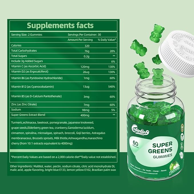 Super Greens Gummies for Women - Daily Vitamins Supplement with 20+ Nutrients, Vitamins and Minerals, Immune Support, Digestive Health, Energy Boost, Natural Green Apple Flavor, 60 Gummies