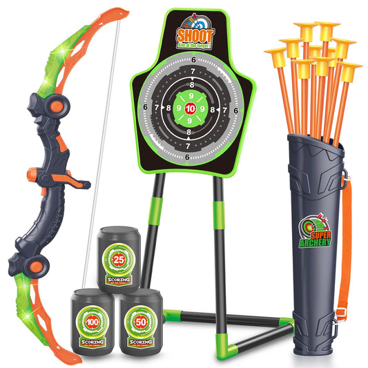 SpringFlower Bow and Arrow Toys for Kids, Archery Set includes Super Bow with LED Lights, 10 Suction Cups Arrows,Archery Set with Standing Target and 3 Target Cans for Boys and Girls
