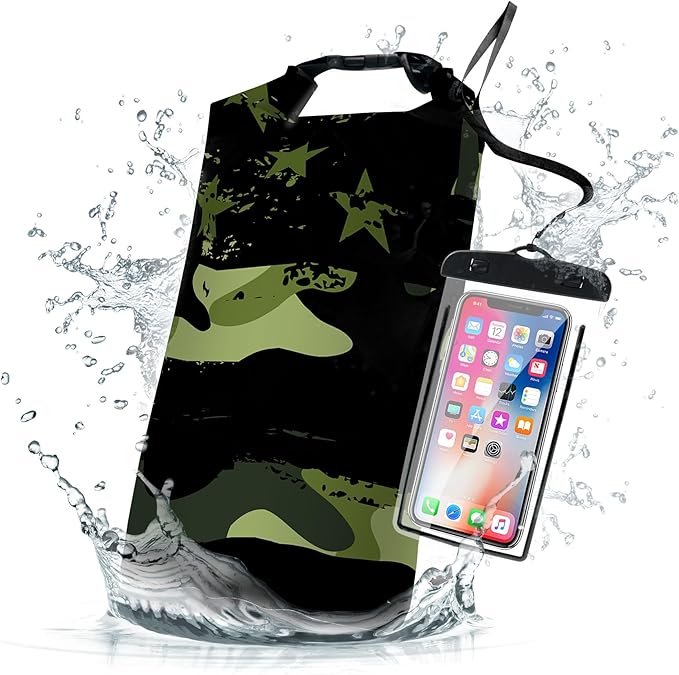 Waterproof Dry Bag,Roll Top Grey Camouflage American Flag Small Waterproof Backpack 5L/10L/20L Floating Lightweight Bags for Kayaking, Boating, Fishing, Swimming Camping with Waterproof Phone Case