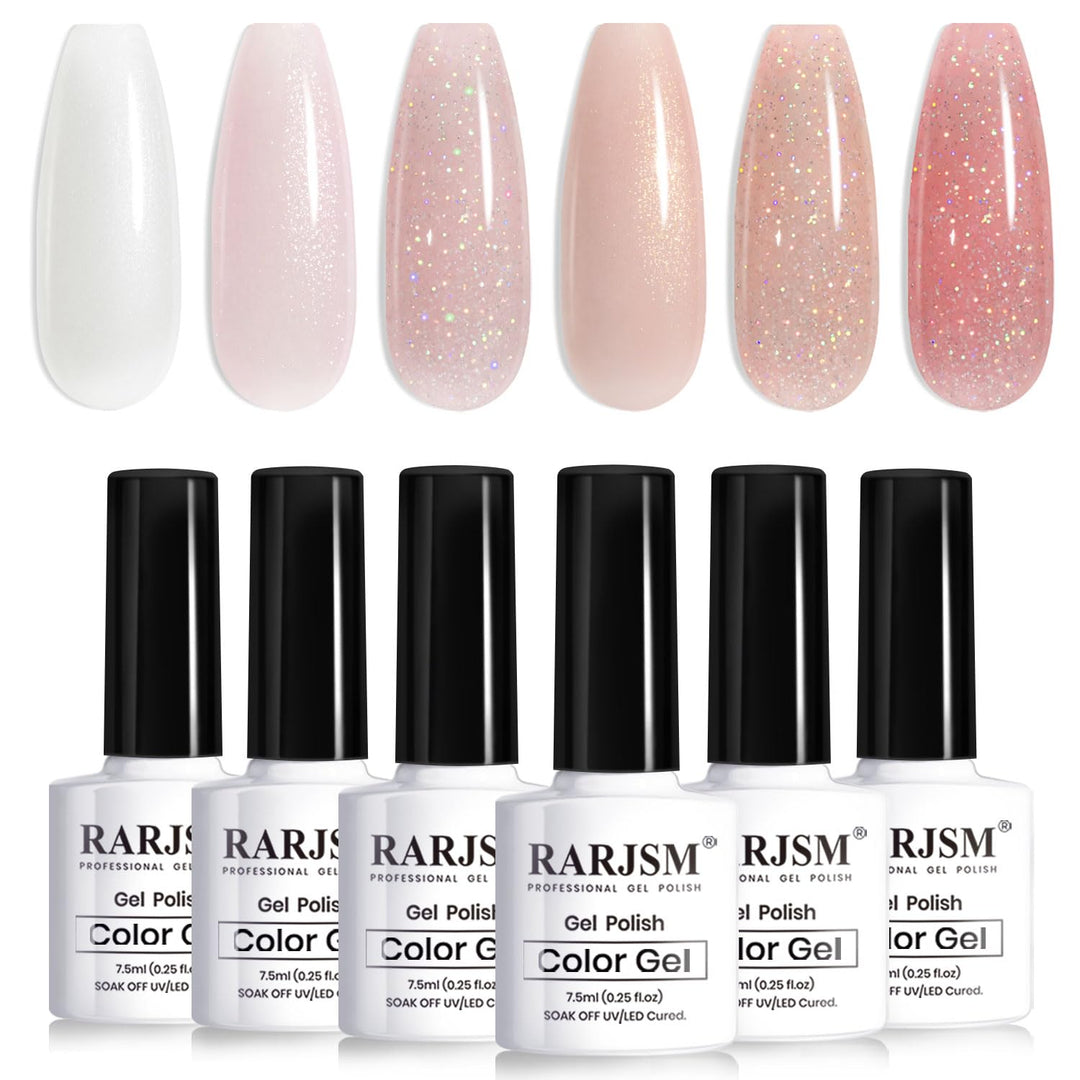 RARJSM Glitter Nude Gel Nail Polish 6pcs Set Shimmery Nail Gel Polish Iridescent Sparkly Gold Rainbow Pigment Jelly Sheer Pink Milky Silver White Translucent Natural Skin Tone Color 7.5ml Soak off