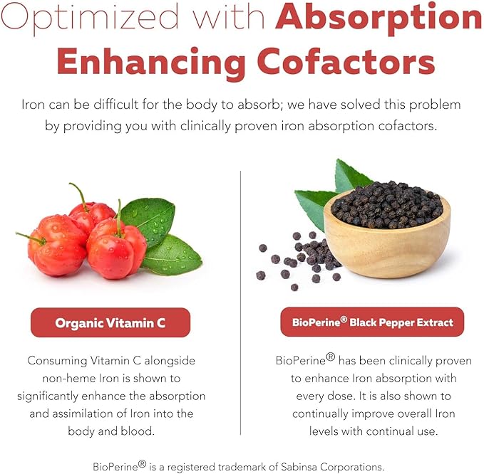 Organic Iron Supplement | Whole Food Iron & Cofactors, 25 mg Elemental Iron | Enhanced Absorption Plus Blood Builder Vitamins - Gentle Form - Support Healthy Iron Level & Blood Health - 90 Capsules