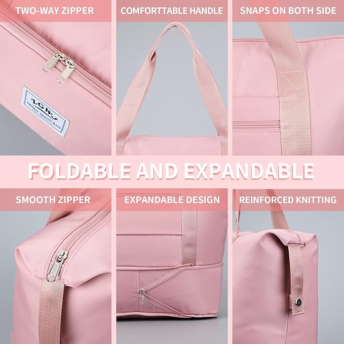 Expandable Travel Duffel Tote Bag - Foldable Overnight Weekender, Carry-On, Swim & Gym Bag - Fits Spirit Airlines Personal Item Size - Lightweight, Waterproof & Durable with Trolley Sleeve, Light Pink