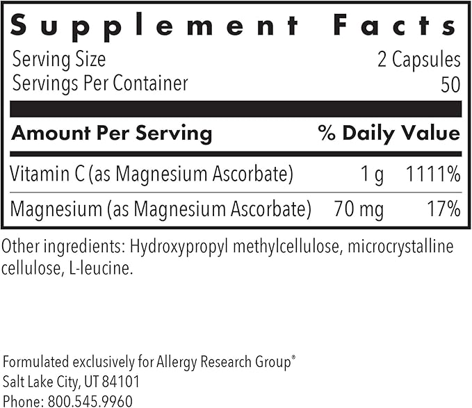 Allergy Research Group Magnesium Ascorbate Supplement - 1000mg Buffered Vitamin C, Immune Support, Magnesium Powder, Vegetarian Capsules - 100 Count