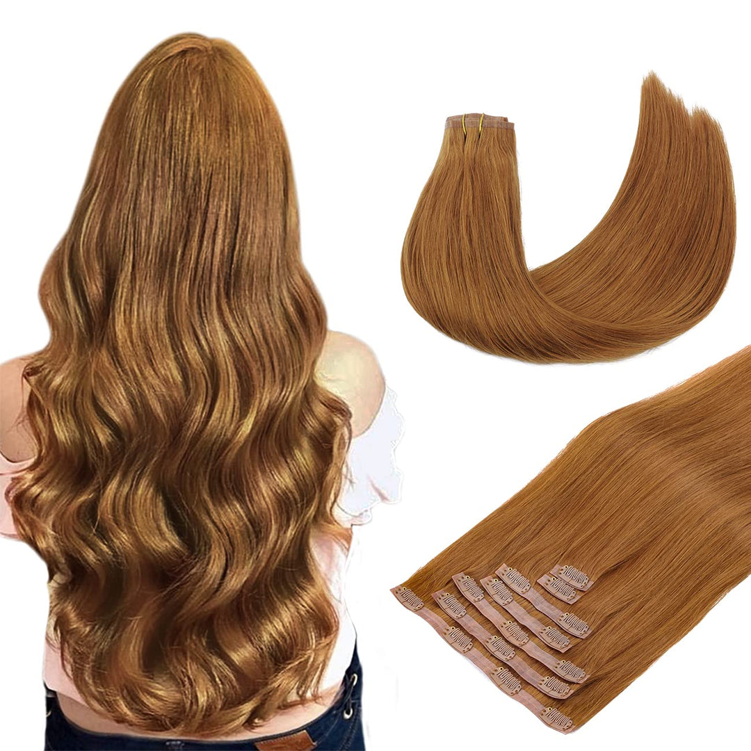 Doores Seamless Clip In Hair Extensions, Medium Auburn 22 Inch 150G 7Pcs, Invisi Edge Hair Extensions Human Hair Extensions Natu