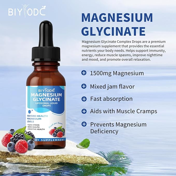 High Absorption Magnesium Glycinate Liquid - with Vitamins B6, C, D, Fiber, Bromelain, Raspberry & Strawberry, Non-GMO, Gluten-Free, Vegan, Stress Relief, Sleep, Muscle & Heart Support, 60ml