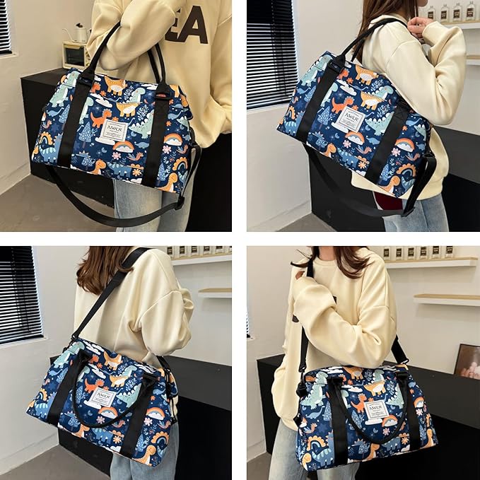 Travel Duffle Bag Weekender Overnight Bag Gym Tote Bag with Wet Pocket for Women Girls Workout Duffel Bag Water Resistant (B-Dinosaurs)