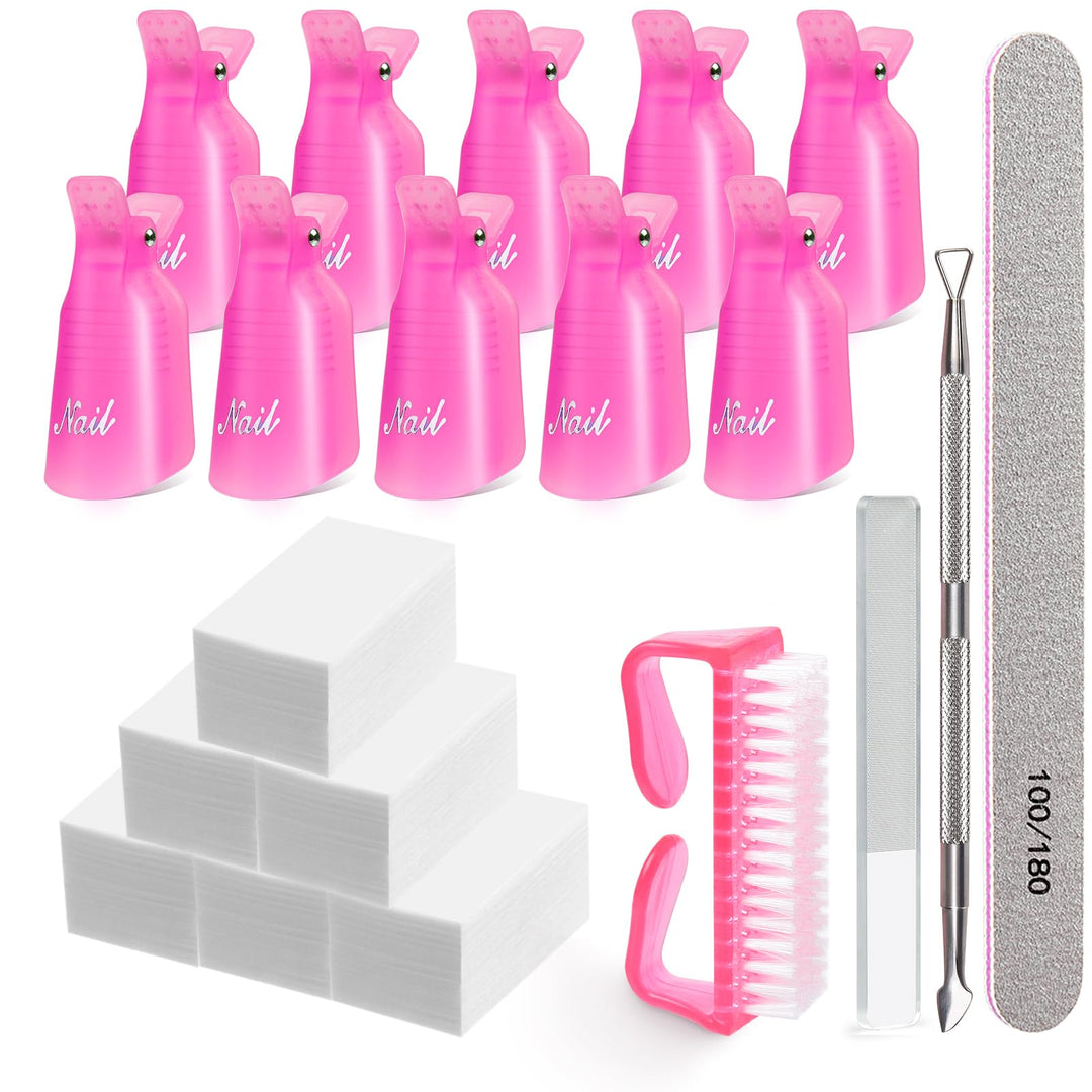Nail Polish Remover Clips, Morgles Gel Nail Polish Remover Kit With 10Pcs Nail Clips 300Pcs Cotton Pads 100/180 Nail File Glass