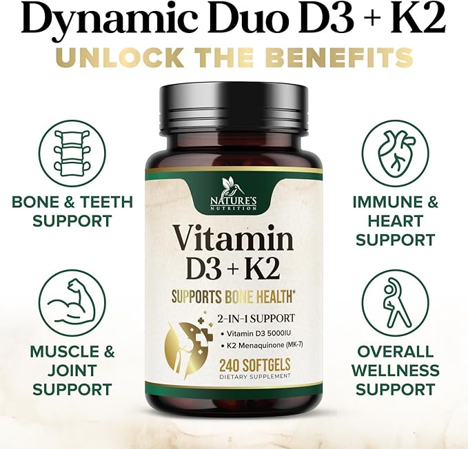 Vitamin D3 K2, 5000 IU Vitamin D3 & 100 mcg Vitamin K2 MK-7 Supplement Supports Immune Health, Bone, Heart & Calcium Absorption - Extra Virgin Olive Oil Softgel, Vitamins D & K Complex - 240 Softgels