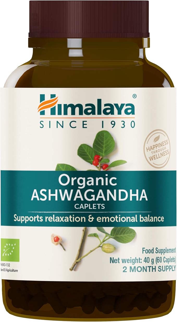 Himalaya Organic Ashwagandha, 60 Day Supply, Herbal Supplement for Stress Relief, Energy Support, Occasional Sleeplessness, Organic, Non-GMO, Vegan, Gluten Free, 670 mg, 60 Caplets