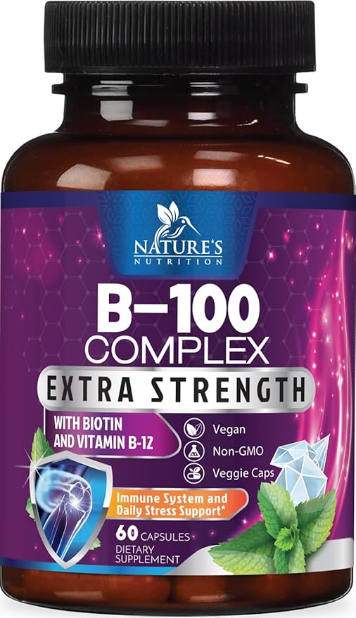 Vitamin B Complex Capsules with Vitamins B6 B12 B100 C Biotin Folate & Folic Acid - Supplement for Heart, Brain, & Nerve Support - Super Complete B-Complex for Immune & Energy Support - 60 Capsules