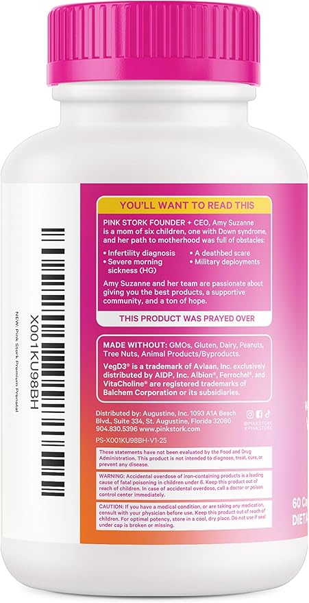 Pink Stork Premium Prenatal Vitamin for Women - Organic Whole-Food Ingredients, Multivitamin & Probiotics - Morning Sickness, Digestion, & Energy - Folate, B6, & Iron - 60 Capsules