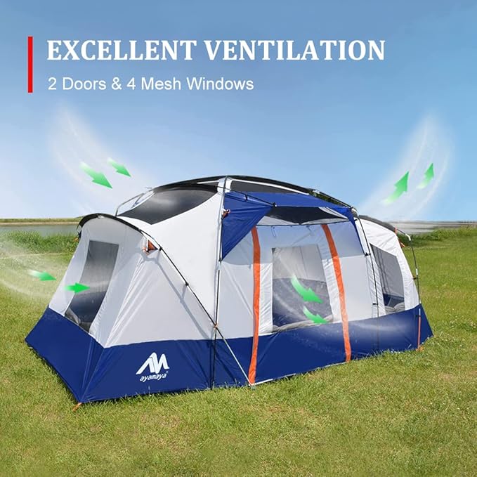 8 Person Tent for Camping, AYAMAYA Waterproof Multi Room Large Family Tents with Skylight & Removable Rainfly &4 Large Mesh Windows and Divided Curtain for Separated Room