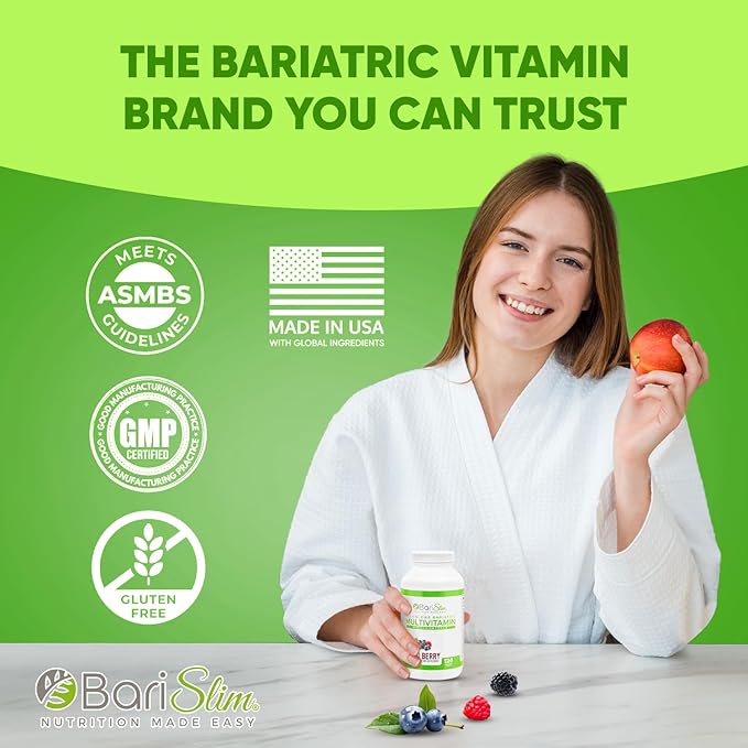 BariSlim All-in-One Bariatric Chewable Multivitamin Tablets w/Calcium Citrate - Bariatric Vitamin for Post Bariatric Surgery Including Gastric Bypass & Gastric Sleeve | Mixed Berry (120 Count)