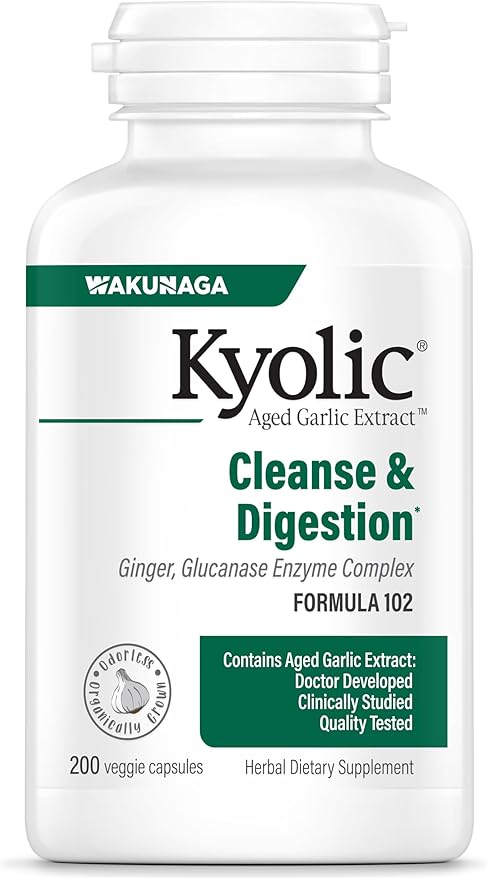 Kyolic Aged Garlic Extract Formula 102, Ginger and Glucanase Enzyme Complex, 200 Vegetarian Capsules