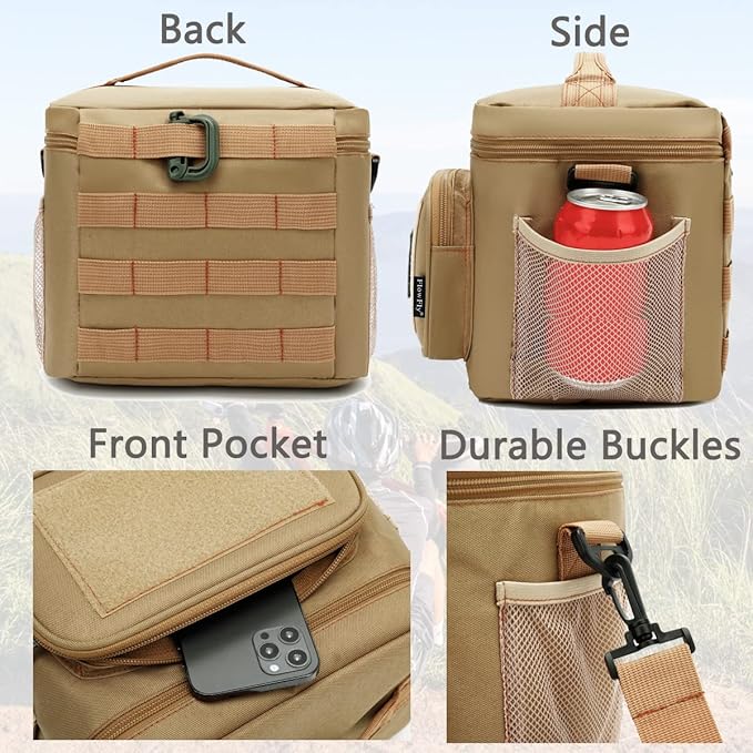 FlowFly Tactical Lunch Bag Large Insulated Lunch Box Cooler Tote for Men, Women with MOLLE/PALS Webbing(Brown, Medium)