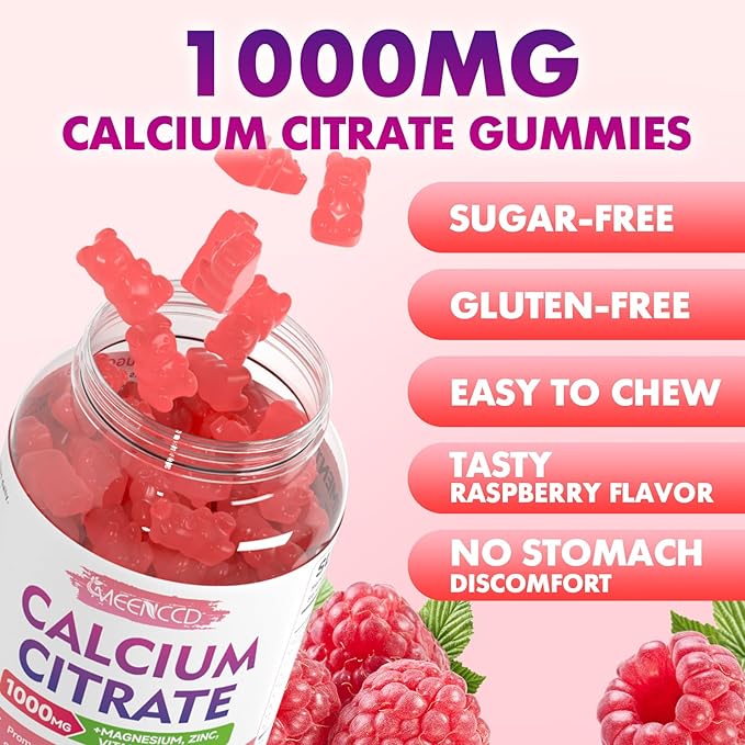 Calcium Citrate Gummies 1000mg w/Vitamin D3, High Absorption Calcium Supplement for Women & Men, Plus Magnesium, Potassium, Zinc for Muscle & Immune, Sugar-Free, Raspberry Flavor, 60 Count