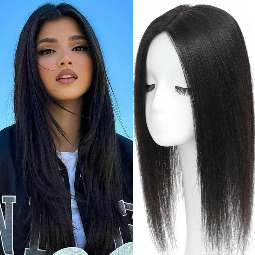 Hair Toppers for Women Real Human Hair, 360° 3D Human with Thinning Upgrade Middle Part Clip in Bangs Topper Hair Pieces for Women Daily(Black, 18 Inch)