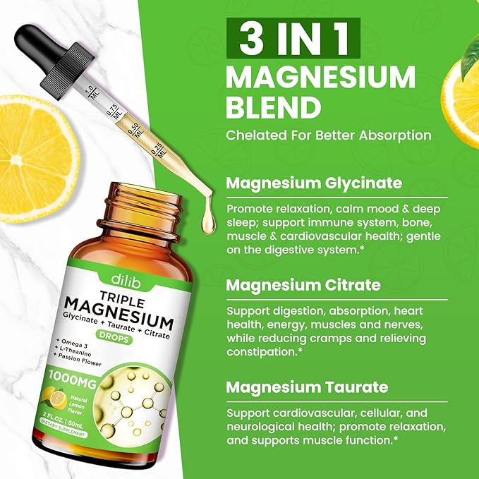 Magnesium Glycinate Liquid Drops with Taurate Citrate - Mangesium Supplement for Sleep, Stress Relief, Bone, Muscle - 2 Fl Oz, Vegan, Lemon Flavor