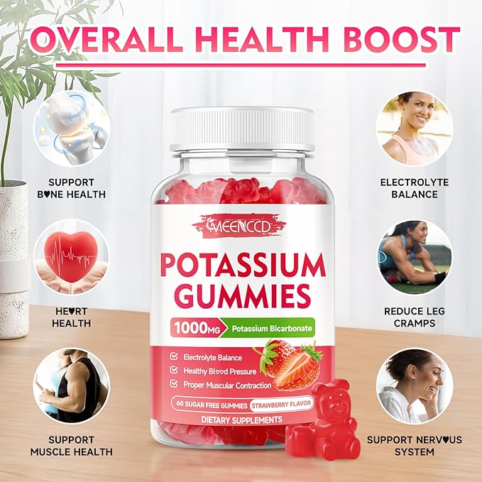 Potassium Gummies 1000mg, Potassium Bicarbonate Supplement for Adults & Kids, Potassium Supplement for Electrolyte Balance & Muscle Heath, Sugar-Free, Strawberry Flavor, 60 Count