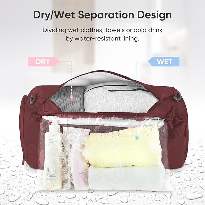 BALEINE Gym Bag for Women and Men, Duffel Bag for Sports, Gyms and Weekend Getaway, Waterproof Dufflebag with Shoe and Wet Clothes Compartments, Lightweight Carryon Gymbag (Red)