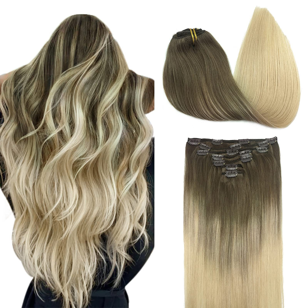 Doores Clip In Hair Extensions Real Human Hair, Ombre Ash Brown To Platinum Blonde Straight 120G 7Pcs 20 Inch Real Hair Extensio