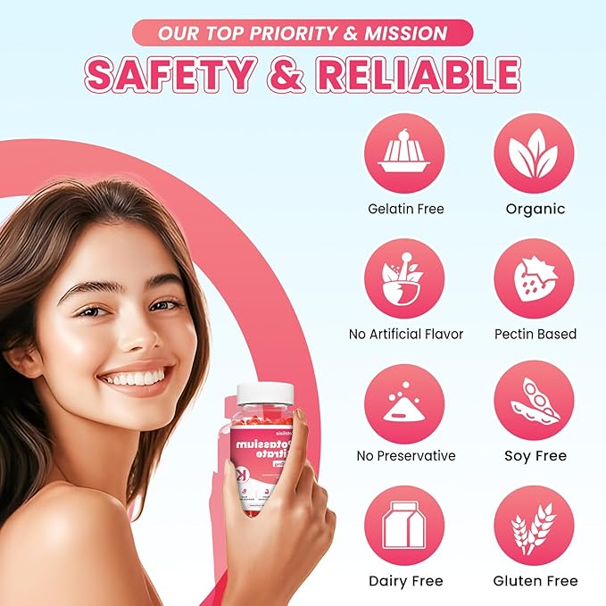 2 Pack Potassium Gummies for Adults Women & Men, Potassium Citrate Supplement, Support Leg Cramps, Muscle Health & Electrolyte Balance, Sugar Free, Organic, Vegan, Strawberry, 120 Cts