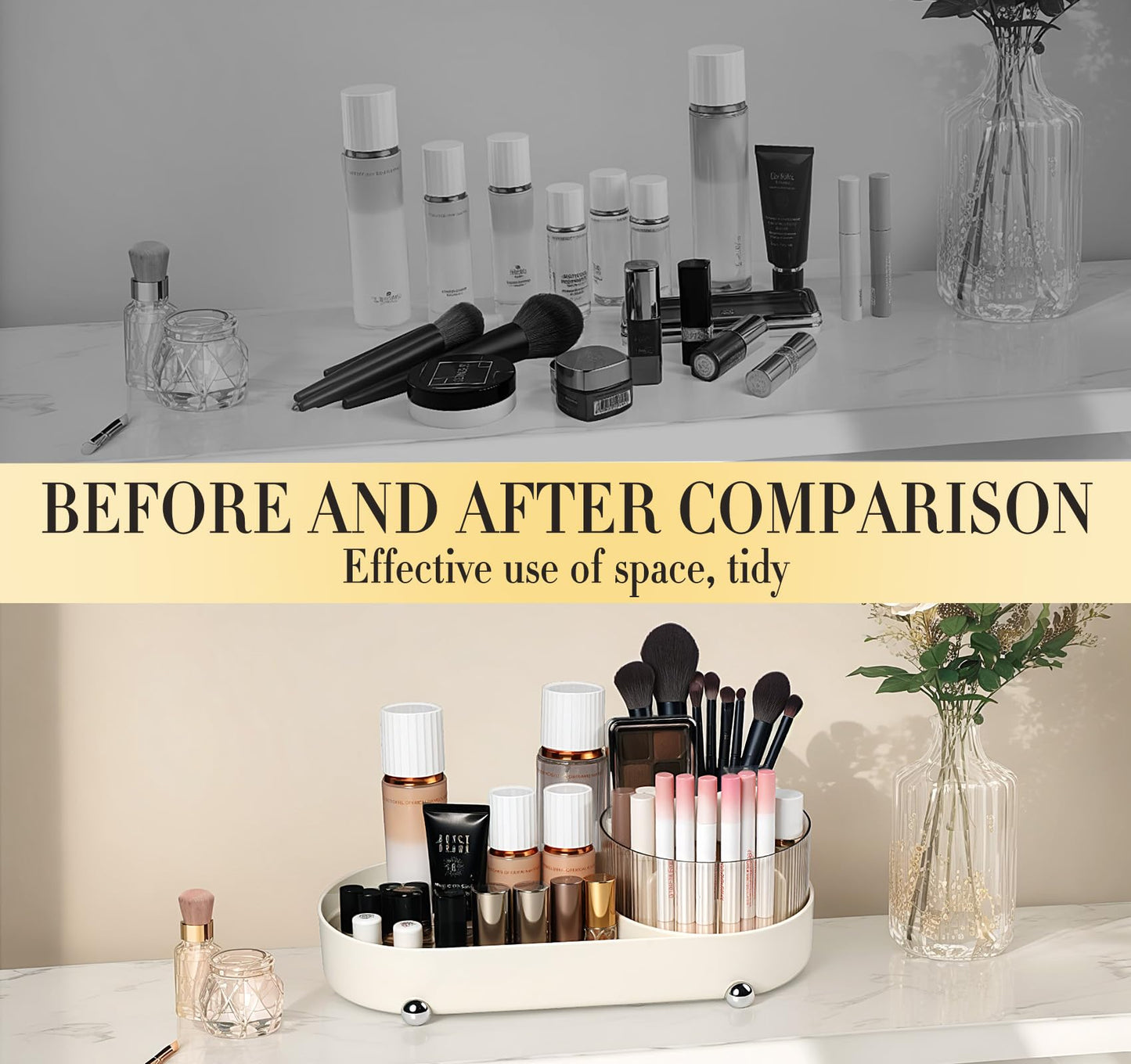 adorbox Make up Organiser, 360° Rotating Makeup Organiser, Rotating Compartment 2 In 1 Makeup Perfume Organiser for Makeup Table, Dresser, Bathroom, Bedroom, Desk (Off white)