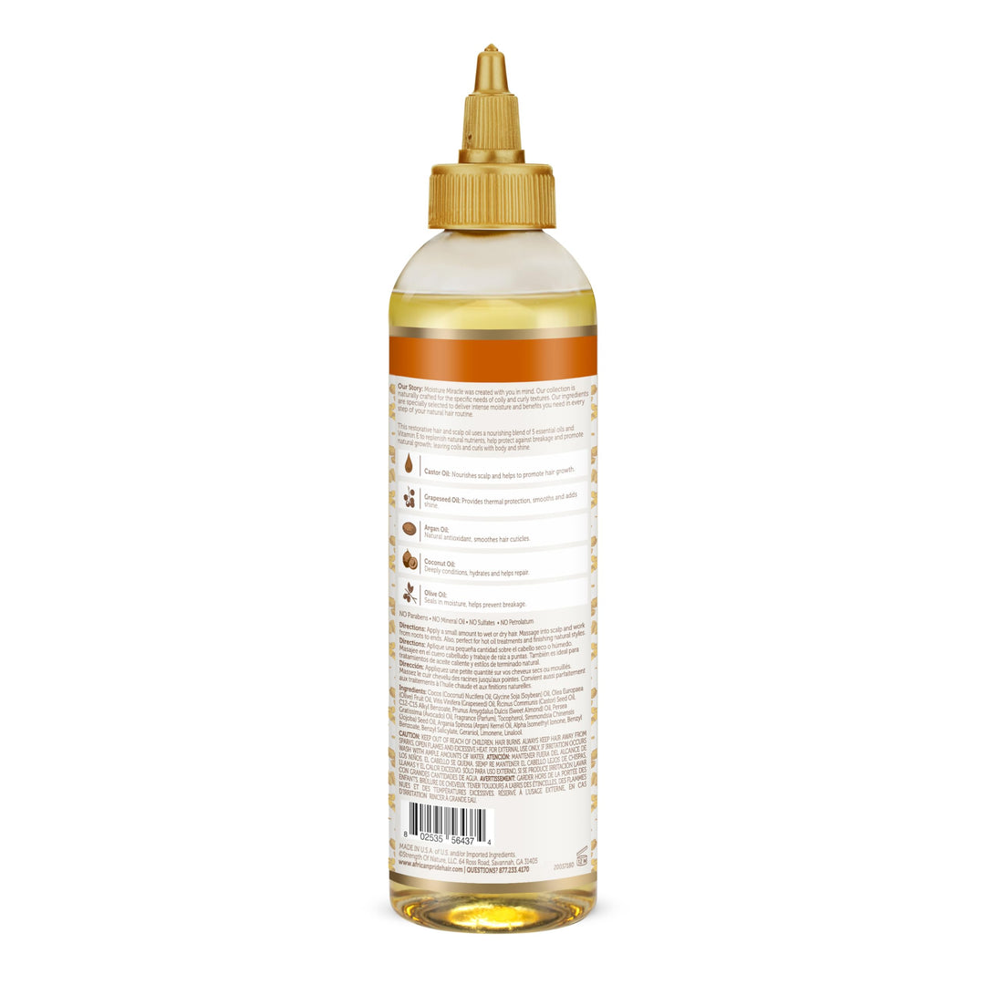 African Pride Moisture Miracle 5 Essential Hair Oils with Vitamin E | Moisture, Shine, Protection, and Growth | Argan, Castor, Grapeseed, Coconut, and Olive Oil | 8 oz
