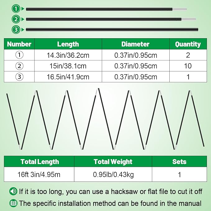 Aluminum Tent Poles Replacement - Pre-Assembled Tent Poles, Fits Both Female and Male Ends - Lightweight Tent Pole Repair Kit for Hiking Camping Backpacking Tent, 16FT 3IN