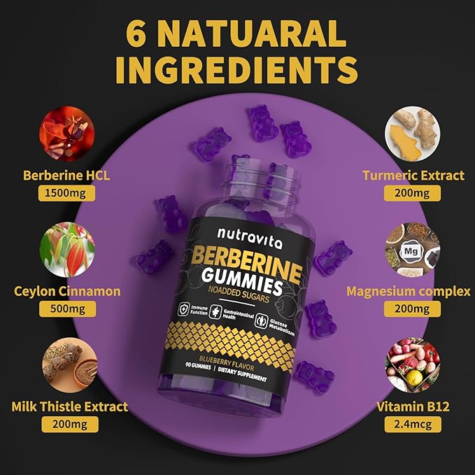 Berberine Gummies with Ceylon Cinnamon 1500mg High Potency Berberine HCL Supplement for Immune and Metabolism Support, Sugar Free Organic Berberine Gummies Blueberry Flavor-1PACK